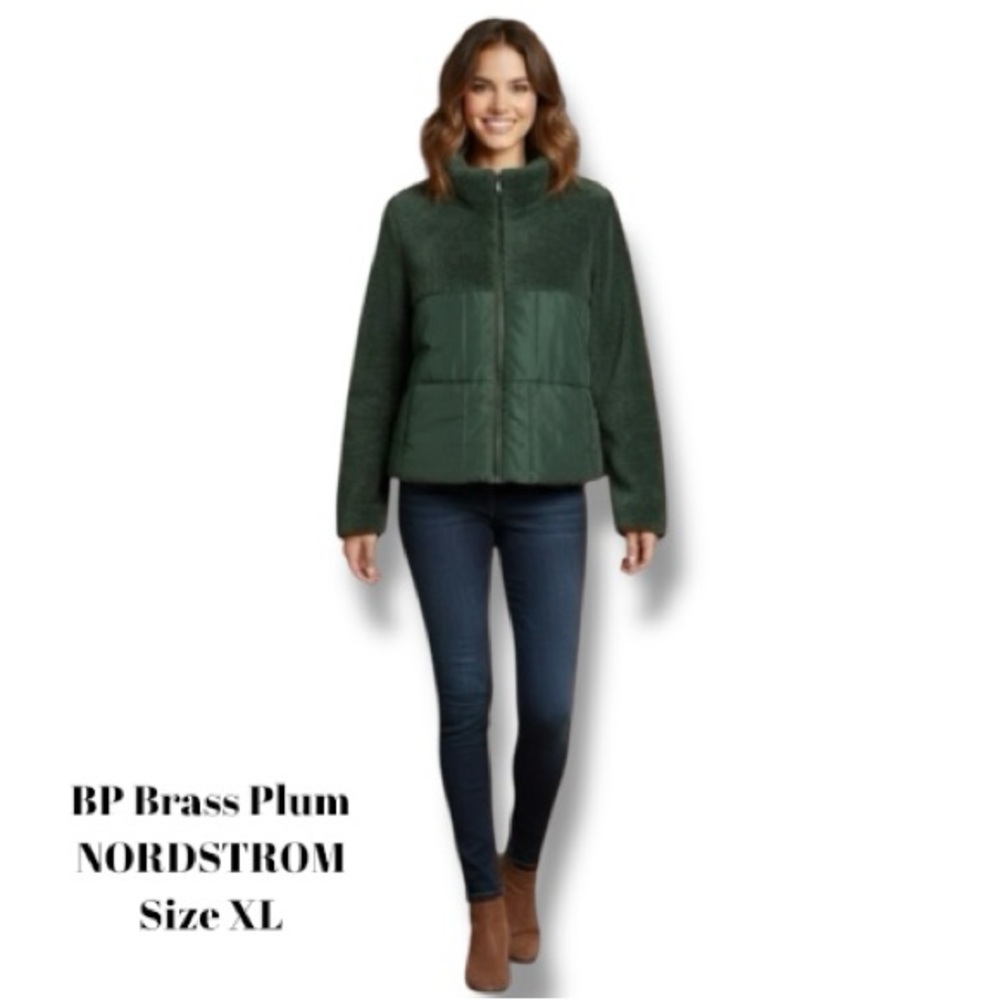 BP Nordstrom Green Faux Fur Puffer Jacket XL Teddy Fleece Nylon Cropped Full Zip
